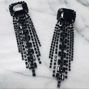 Emerald Cut Jet Black Crystal Fringe Earring-Boutique